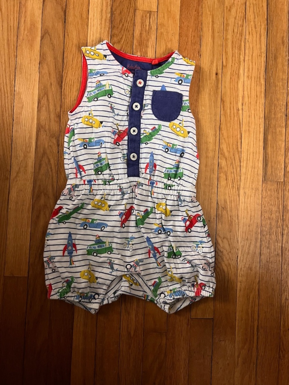 Baby Boden 6/9 Striped Vehicle Print Baby Romper - Multi Color